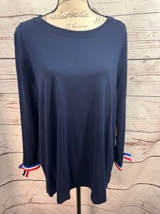 NWT Crown & Ivy Womens‎ XXL Navy Blue Long Sleeve Striped Cuff Top Casual